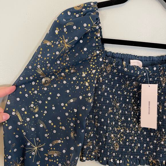 Urban Outfitters Smocked Crop Top Small Green Celestial Sparkling Milkmaid NWT - Picture 4 of 9